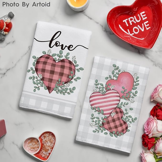 Artoid Mode Pink Buffalo Plaid Heart Love Valentine's Kitchen Towels Dish Towels, 18x26 Inch Anniversary Wedding Decoration Hand Towels Set of 2