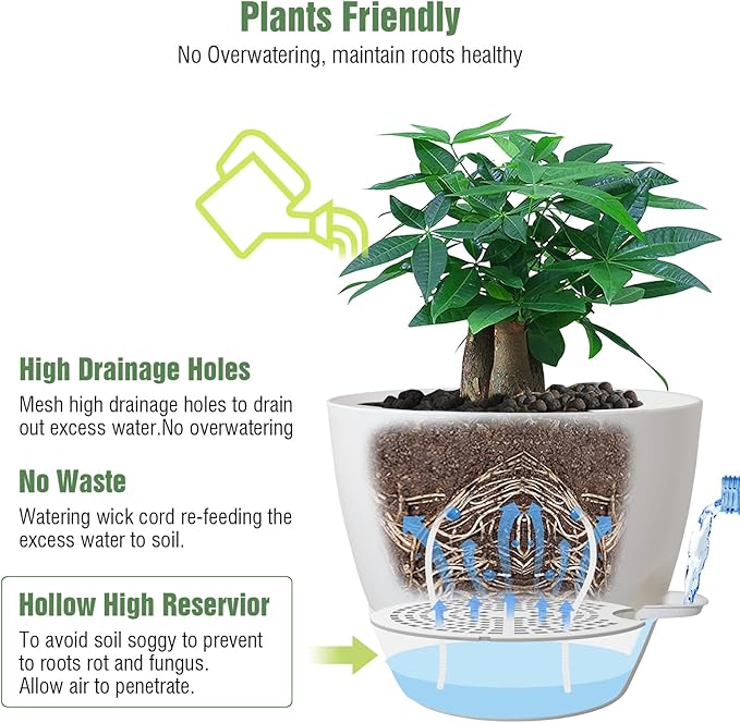 UOUZ 12inch 2Pack Large Self Watering Planters, Plastic Plant Pots with 60oZ Removable Deep Reservoir and Multi Mesh Drainage Holes for Indoor Outdoor Garden Plants and Flowers, White