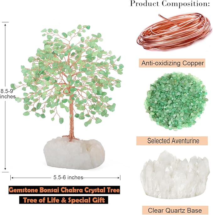 MASGEMES Crystal Tree of Life,Natural Green Aventurine (406 Gemstone Count) Clear Quartz Cluster Base,Chakra Positive Energy FengshuiGood Luck Home Decor,Gift Size 8.5-9 Inches