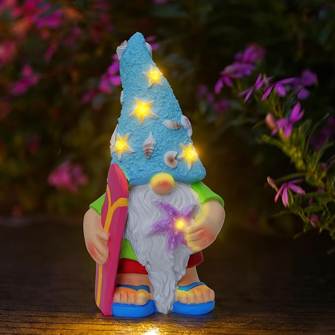 RICHIE Womens Gifts Solar Garden Outdoor Statues Gnome with Surfboard and 5 LED Lights - Unique Housewarming Gifts Lawn Decor Statue for Patio, Balcony, Yard Ornament- Chrismtas Gifts for Mom Grandma