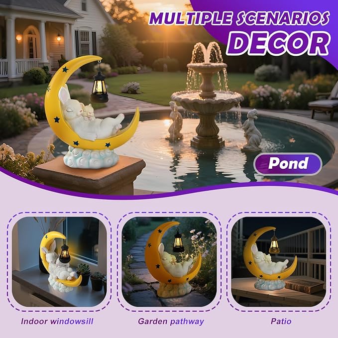 Easter Gift for Mom – Solar Powered Mother & Baby Rabbit Garden Light on Moon, Warm White LED Resin Statue for Yard and Patio | Mother's Day Gardening Gift