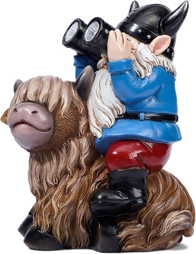 Tolimi Garden Gnome Sitting on Highland Cow Outdoor Statue wiht Solar LED Light Funny Decoration for Yard and Patio Gifts for Mom Christmas Decorations