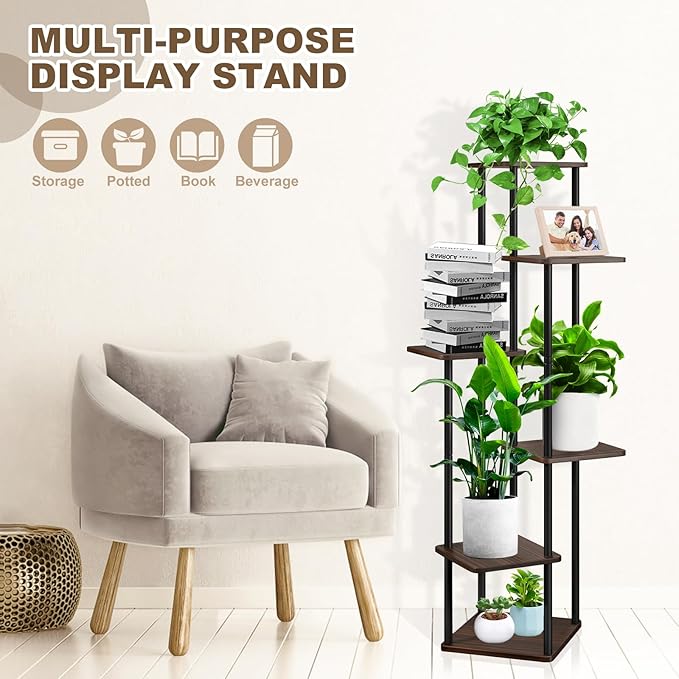 YOCOMEY 6 Tier Wood Tall Plant Stand Metal Rack Indoor, Multiple Flower Pot Holder Shelves Corner Rack, Planter Shelf Display Rack Storage Organizer for Patio Living Room Balcony Garden(Black Oak)