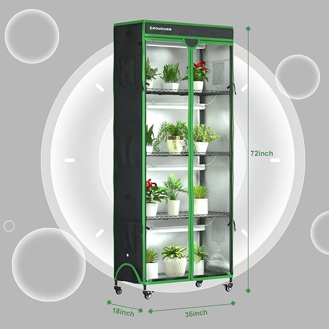 Plant Stand with Grow Light, 36" W x 18" D x 72" H, 5-Tier Indoor Greenhouse with Cover & 3-Color T8 Growth Lights and Smart Socket, Thermohygrometer, for Seedlings & Flowering