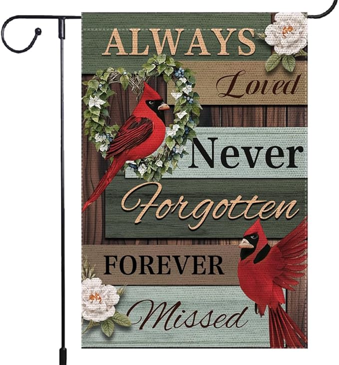 Cardinal Memorial Garden Flag 12x18 Inch Double Sided Outside, Always Loved Never Forgotten Memorial Day Gravesite Saying Yard Outdoor Decoration