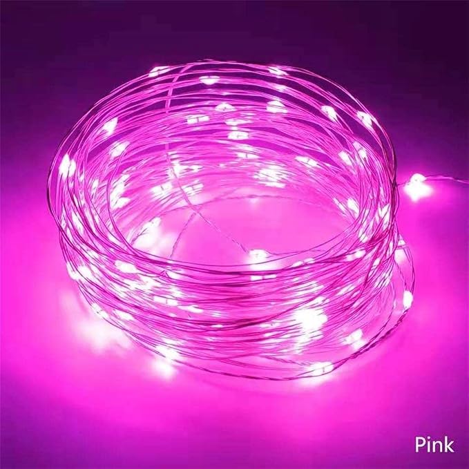 2 Pack Battery Operated Mini Lights,Indoor Led Fairy Lights with Timer 6 Hours on/18 Hours off for Wedding Party Decorations,50 Count Leds,18 Feet Silver Wire (Pink)