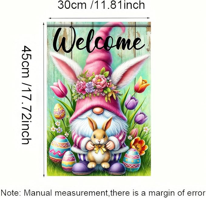 Easter Garden Flag 12x18 Inch Double Side Gnome with Bunny and Tulips Easter Decoration Spring Yard Flag Easter Eggs Colorful Welcome Yard Outdoor Home Display