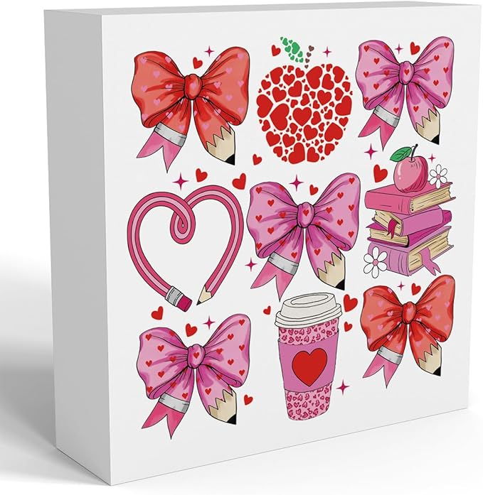 Teacher Valentine Decor Gift, Vintage Valentines Day Gifts for Teachers, Teacher Appreciation Gifts, Birthday Thank You Gift, Pink Heart Bow Pencil Wooden Box Sign for Office Desk Decor