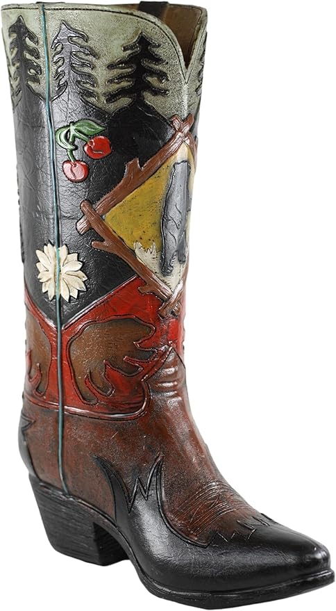 Ebros Rustic Southwestern Black Bear Country with Pine Trees and Cherries Forest Cowboy Cowgirl Boot Decorative Figurine Or Floral Vase Planter Tooled Leather Finish Table Shelf Countertop Accent