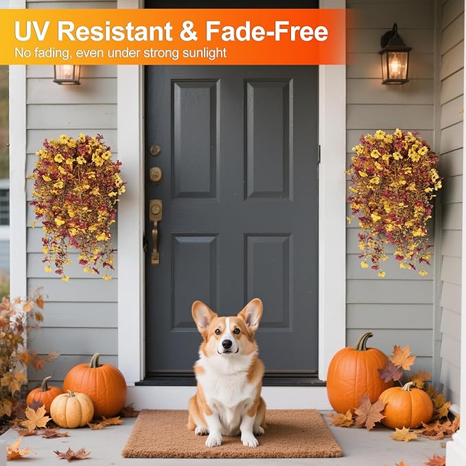 Fall Decor Artificial Flowers for Outdoor Decoration, 4Pcs Fake Hanging Flowers Mums Silk UV & Fading Resistant, Artificial Faux Plants for Home Patio Yard Garden Farmhouse Halloween