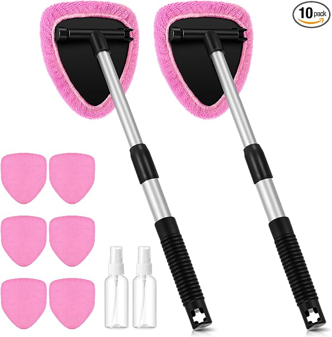 Baderke 10 Pcs Windshield Cleaner Tool Car Window Cleaning Supplies with Extendable Handle Include 6 Washable Microfiber Bonnets 2 Empty 60ml Spray Bottle Glass Wiper Kit(Pink)