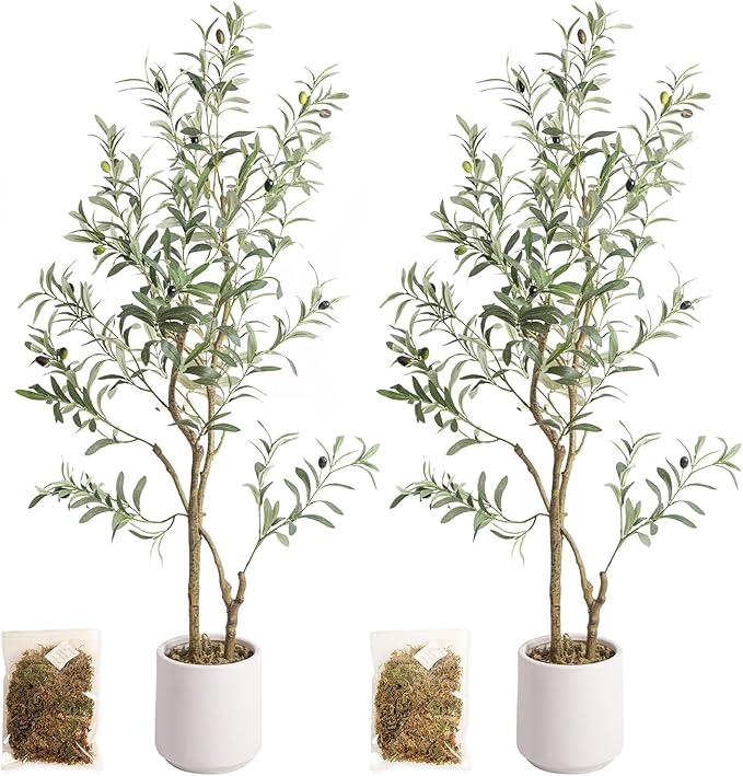 Artificial Fake Olive Tree 4FT Tall 2Pack with White Planter Faux Silk Olive Tree for Home Living Room Office Decor Faux Artificial Plants Indoor with Fruit & Free Moss