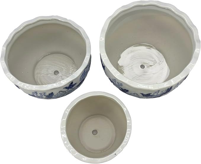Galt International Blue & White Round Floral Porcelain Ceramic Plant Flower Planter Pot Set of 3 (8", 10", 12") Garden Pots Chinese Asian Design