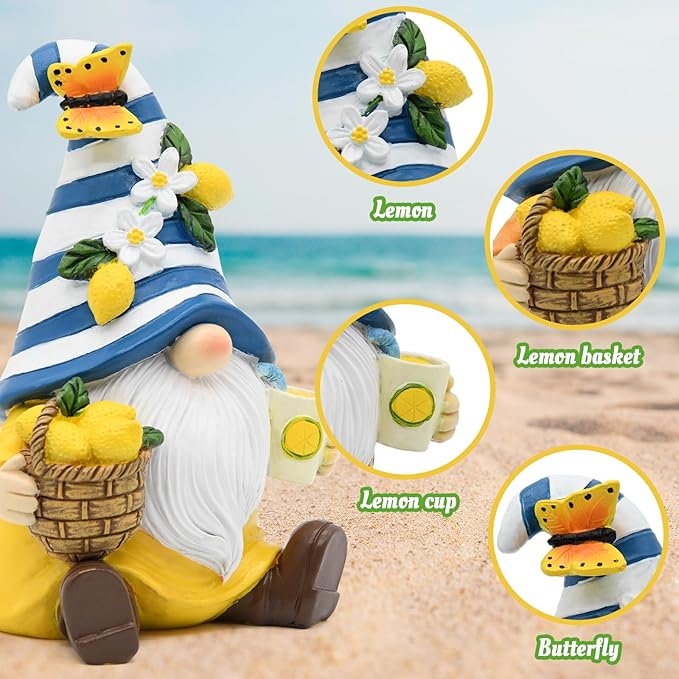 Lemon Decor Spring Garden Gnome, Mediterranean Decor Resin Figurines, Lemon Party Decoration for Home Kitchen Office Tiered Tray, Summer Gnomes Gifts