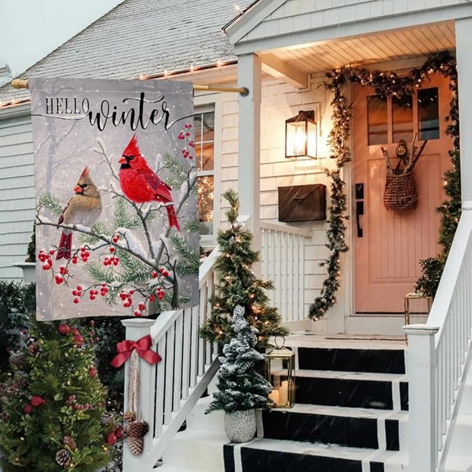 Winter Cardinal Bird House Flag 28 x 40 Vertical Double Sided Farmhouse Trees Snow Christmas Holiday Outside Decorations Burlap Yard Flag BW233-40