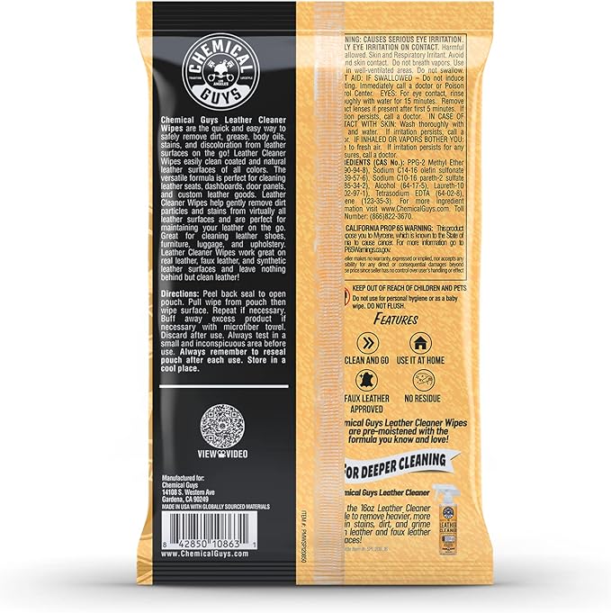 Chemical Guys PMWSPI20850 Leather Cleaner Wipes Mega 100 Pack for Car Interiors, Furniture, Boots, and More, Works on Natural, Synthetic, Pleather, Faux Leather and More, (50 Ct)