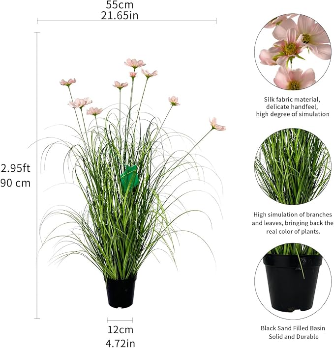 35 Inch Artificial Tall Grass with Pink Cosmos Flowers, Fake Floor Plants, Faux Grass Plants, Indoor and Outdoor Home Decoration(2pack, 3ft)