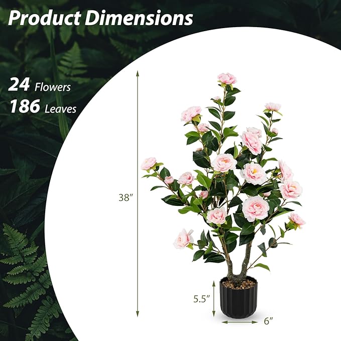 Goplus 38’’ Artificial Camellia Tree, 2 Pack Flower Plants Artificial Tree, Faux Floral Plant Blooming Tree in Cement Pot, Greenery Potted Plant for Indoor Outdoor Office Home Porch Decor