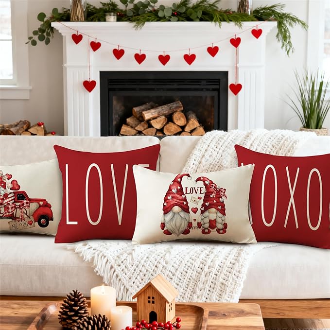 NIGHTWISH Valentine's Day Pillow Covers 12x20 Set of 4 Love Heart Truck Gnomes Valentines Day Decorations XOXO Wedding Throw Cushion Case for Sofa Couch