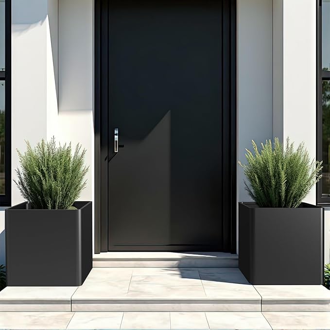 BHCORTEN Large Metal Square Planter 20" L x 20" W x 20" H, Black Large Outdoor Planters with Drainage Hole for Porch/Patio/Garden