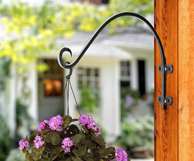 Monarch Abode Hanging Basket Hooks, Heavy Duty Metal Plant Hangers Outdoor or Indoor for Flower Basket, Wall Fence Hooks for Bird Feeder Bracket, Set of 2, 14-inch Black Plant Wall Hanger