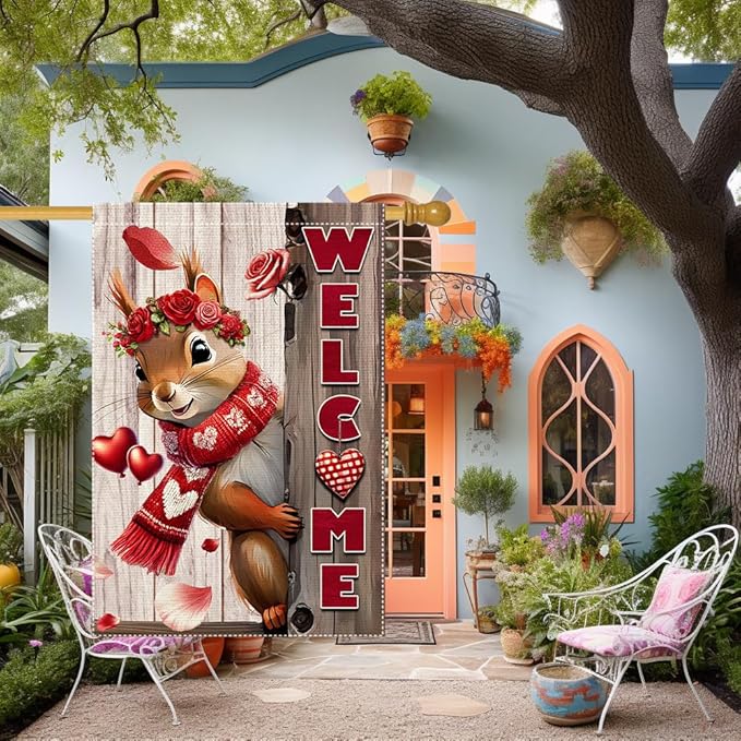 Valentine’s Day Garden Flag 28x40inch Double Sided The Squirrel Red Love Heart Rose Valentine’s Garden Flags For Home Outdoor Yard Patio Lawn Decor,Welcome Valentine Garden Outside Decorations Banner