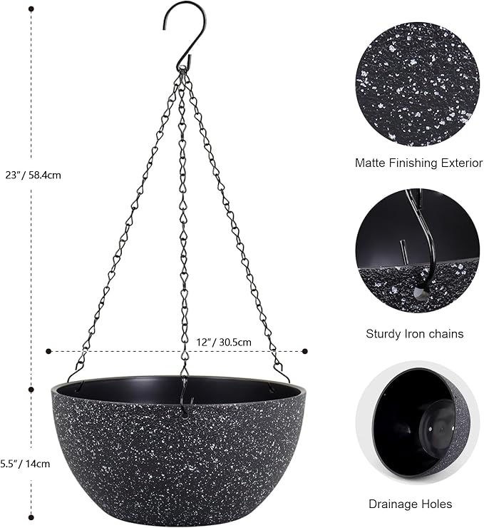 Meowell 12 inch Large Hanging Planters for Indoor Outdoor Plants, 2 Pack Hanging Flower Pots with Drainage Holes and Chain for Garden Porch, Plastic Hanging Baskets for House Plants, Speckled Black