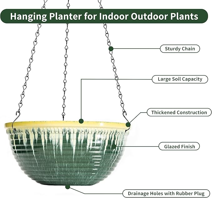 LESOASIS 12 inch Large Hanging Planters for Indoor Outdoor Plants, Set of 2 Glazed Hanging Flower Pots with Drainage Hole, Hanging Baskets for Garden Home Porch Decor