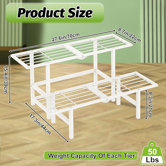 jsyonii 2 Tier Metal Plant Stand Outdoor Indoor Waterproof, Heavy Duty Outdoor Plant Shelf, Foldable Ladder Plant Stands Display Rack for Garden Window, 8.3/15.4'' Tall (White)