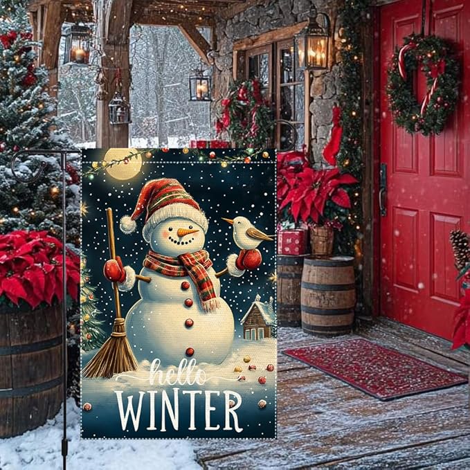 Hello Winter Garden Flag 12x18 Inch Double Sided Burlap Snowman Outdoor Yard Flag Holiday Christmas House Flag Seasonal Winter Welcome Banner Small Cute Lawn Porch Decoration