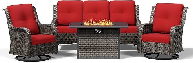 Joyside 4 Piece Wicker Patio Furniture Set with Fire Pit Table, Outdoor Swivel Rocker Patio Chairs with High Back, Deep Seating, Wide Armrest, Thickened Cushions, Outdoor Furniture for Deck, Porch Use