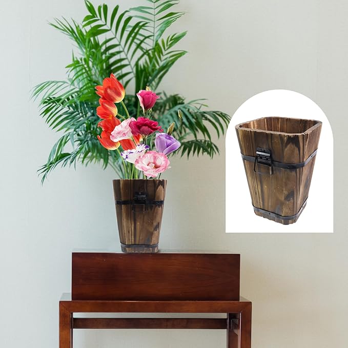 MY MIRONEY Plant Pots, Vintage Wooden Barrel Planter - Solid Rustic Garden Flower Pot with Metal Handles & Frame for Indoor Planter, Office Home Decor, Garden Home Plants, 5.2" x 8.27"