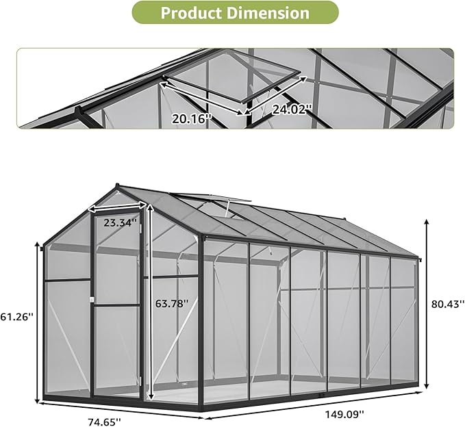 6x12 Ft Greenhouses for Outdoors, UV-Coated Polycarbonate Panels and Aluminium Green Houses for Outside, 2 Roof Vents, Invernaderos para Plantas Exterior, Walk-in Greenhouse Kit for Backyard, Lawn