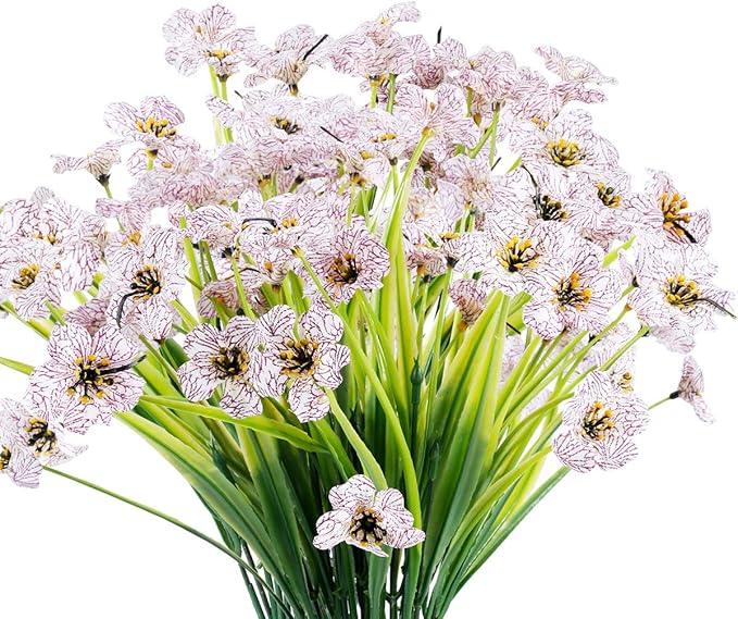 JEMONG 12 Bundles Artificial Flowers Outdoor UV Resistant Fake Flowers No Fade Plastic Plants Garden Porch Window Box Decorating (White)