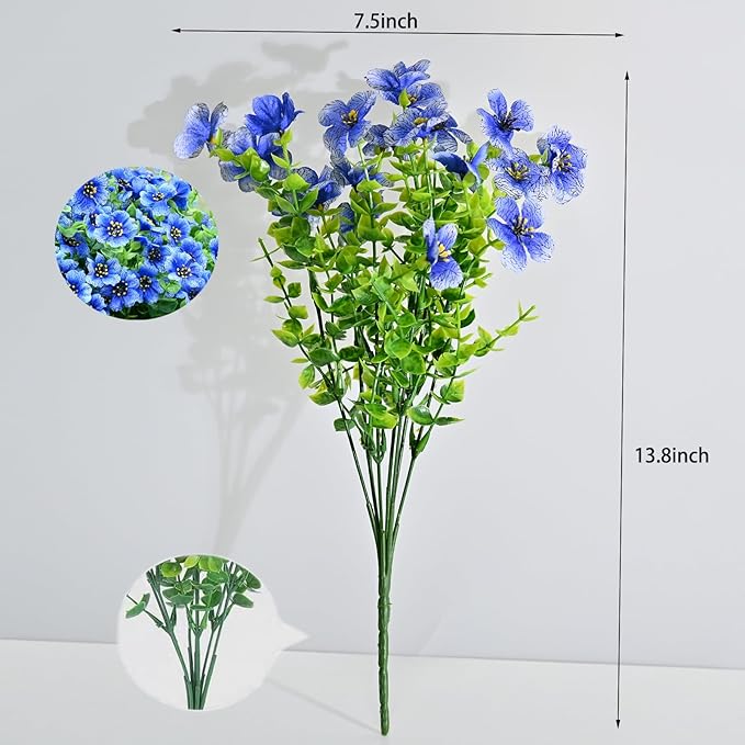 LADADA 6 Bundles Artificial Fake Flowers，Fake Blue Silk Daisy with Eucalyptus for Planter Pot UV Resistant Realistic for Outside Porch Home Patio Garden Decoration (White Blue)
