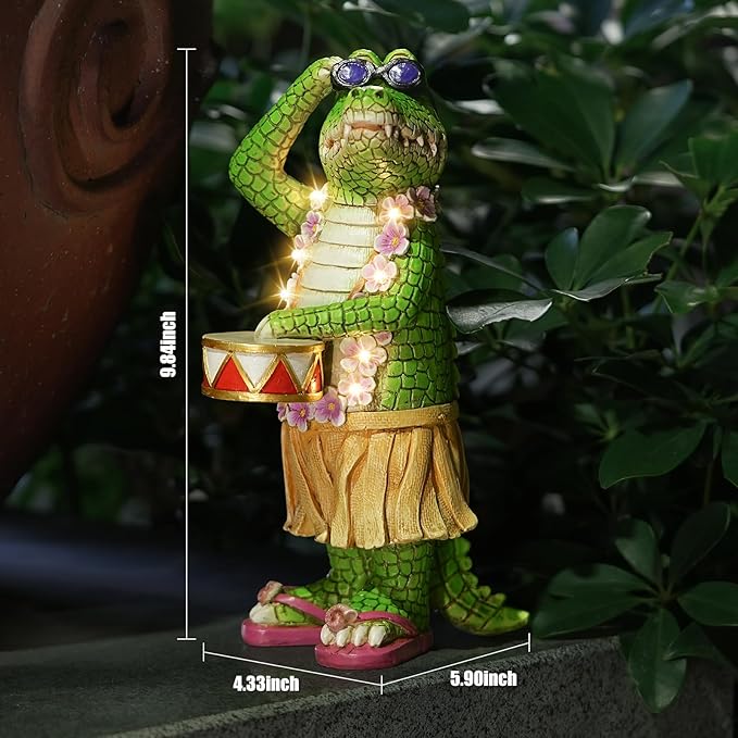 TOLIMI Hawaiian Alligator Garden Statue with LED Floral Garland - Fun Tropical Outdoor Decor, Resin Crocodile Figurine in Hula Skirt for Yard, Patio, or Home