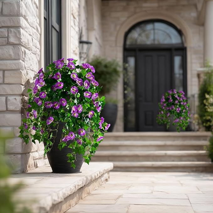 Morning Glory Artificial Hanging Flowers for Outdoors 3 Pcs Fake Petunias Flower Faux Silk Long Trailing Vines Realistic Flower for Front Door Porch Patio Balcony Garden Yard Decor (3 Pcs Purple)