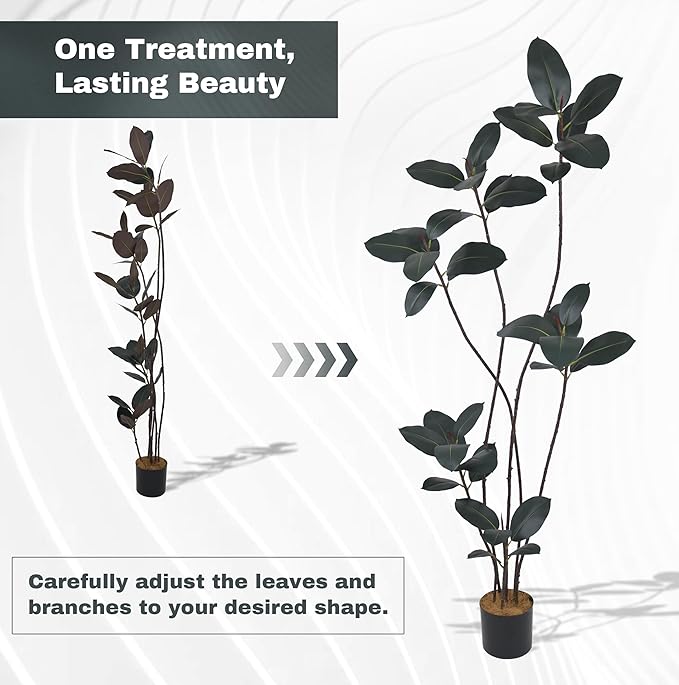 Artificial Rubber Tree 7FT with 40 Glossy Leaves & 6 Heads & Black Pot Realistic Tall Large Faux Tropical Lifelike Ficus Elastica Plant 84 Inch for Indoor Home Office Corner Modern Decor