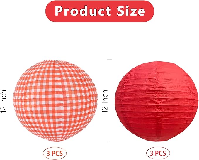 BEISHIDA Red White Plaid Round Paper Lanterns Decorative Hanging Asia Chinese Japanese Paper Lanterns Lamp for Birthday Wedding Baby Bridal Shower Home Decor Party Decoration（6Packs）