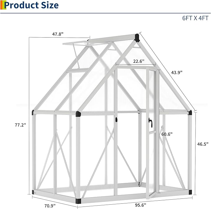 6 x 4 ft Greenhouse, Polycarbonate Walk-in Greenhouse with Aluminum Frame, Adjustable Roof Vent and Lockable Door, Green Houses for Outside, Garden, Backyard and Patio, Easy Assembly