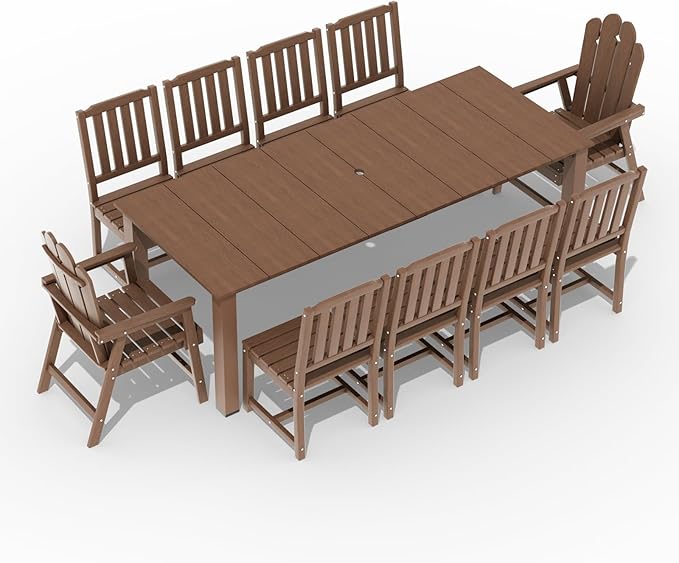 11-Piece Patio Dining Set, Outdoor Dining Set for 10, HDPE All-Weather Outdoor Furniture with 89.57” Umbrella Hole Table, 2 Armchairs & 8 Armless Chairs, Brown
