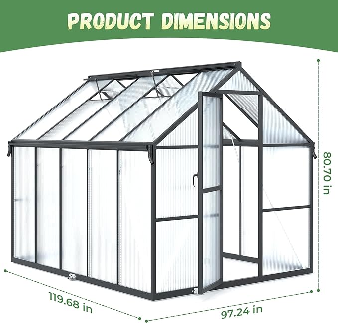 8x10FT Greenhouse for Outdoors, Galvanized Steel Frame Winter Green House w/ Adjustable Roof Vent, Lockable Door Handle &DrainageSystem, Walk-in Greenhouses for Outside Garden Backyard