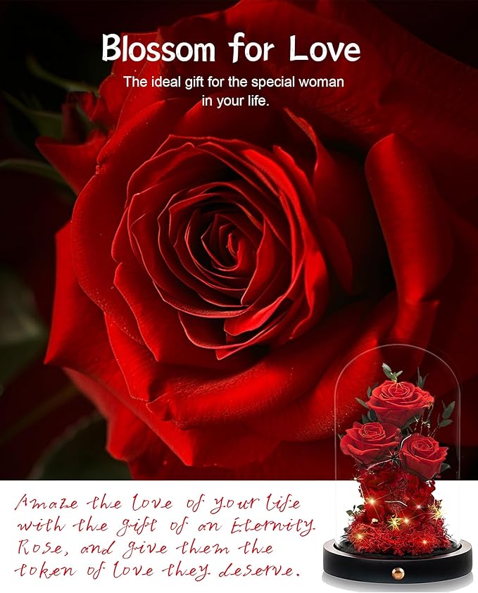 DENIMOMO Flowers Roses Gifts for Women Her,Forever Preserved Rose in Glass Dome, Valentines Anniversary Birthday Real Roses Gifts for Wife Women Girlfriend Best Friend/Red