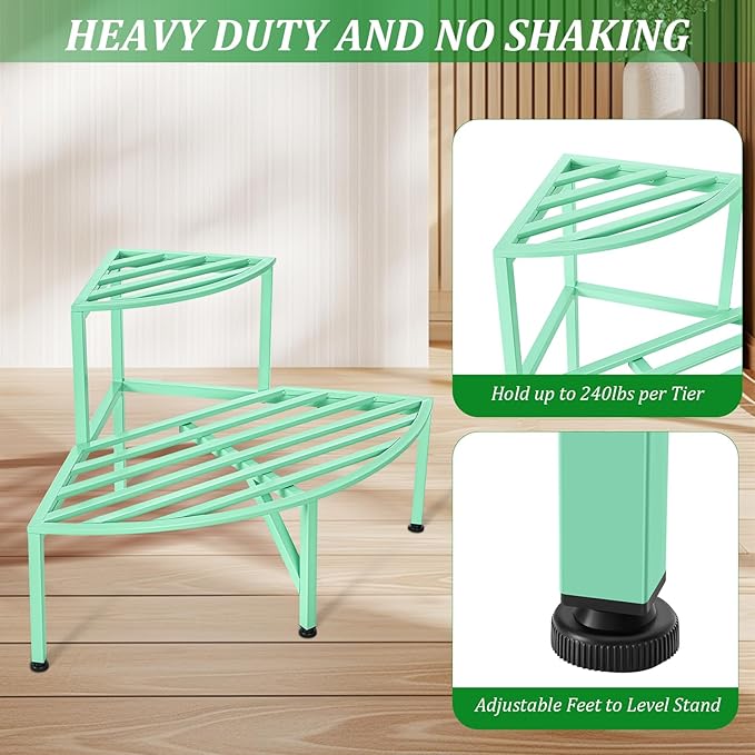 Dipion Corner Plant Stand Outdoor Metal,2 Tier Heavy Duty Ladder Plant Shelf Indoor for Multiple Plants,37.08" L x 22.83" W x 20.07" H,Mint Green