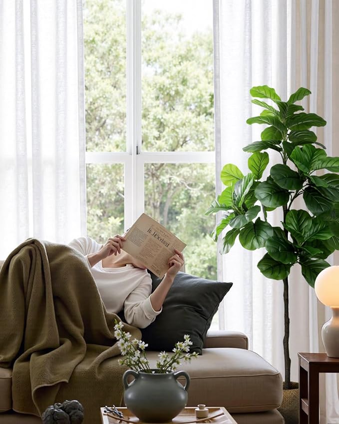 Artificial Fiddle Leaf Fig Tree 6FT - Large Fake Tree with White Planter&Basket, Tall Faux Ficus Lyrata Tree Floor Plants for Indoor Home Decor Office Living Room Housewarming Gift, 1Pack