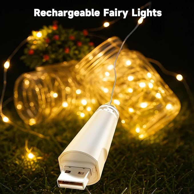 Rechargeable Fairy Lights - 7ft 20 LED String Lights, USB Rechargeable Battery Operated Twinkle Light for Mason Jars Wedding Decor Centerpiece Table Decorations Christmas