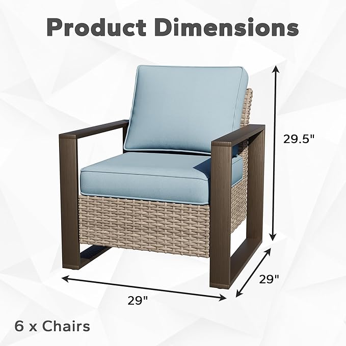 Joyside Outdoor Patio Chairs Set, 6 Pieces Wicker Rattan Chairs with Metal Wide Armrest, Thick Cushions and Deep Seating for Garden, Backyard, Porch, Deck