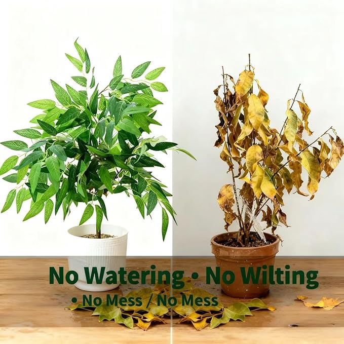Ewtogift 17.7" Fake Willow Plant in White Textured Ceramic Planter Tall Artificial Greenery Faux Plant with Lifelike Leaves Elegant Indoor Plant Decor for Living Room, Office, or Bathroom