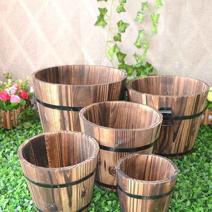 Wooden Round Barrel Flower Pot Planter with Breathable Bottom Hole for Home Office Garden Decor 7.08X5.9 Inches