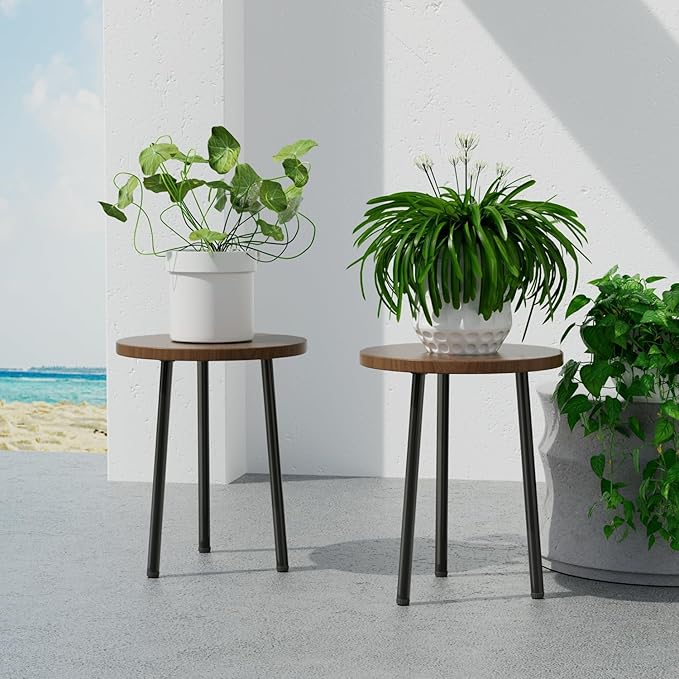 SAKSUN Plant Stand Indoor 14'': Indoor Plant Stand 2 Pack Metal Plant Table - Wood Plant Stool Outdoor Small Round Side End Table Mid Century Modern Decor - Home Decor